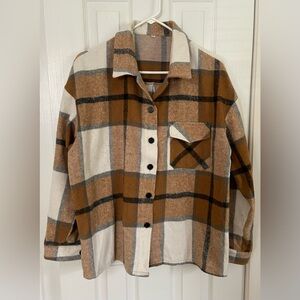 Plaid Print Shacket, Casual Button Front Long Sleeve Collar